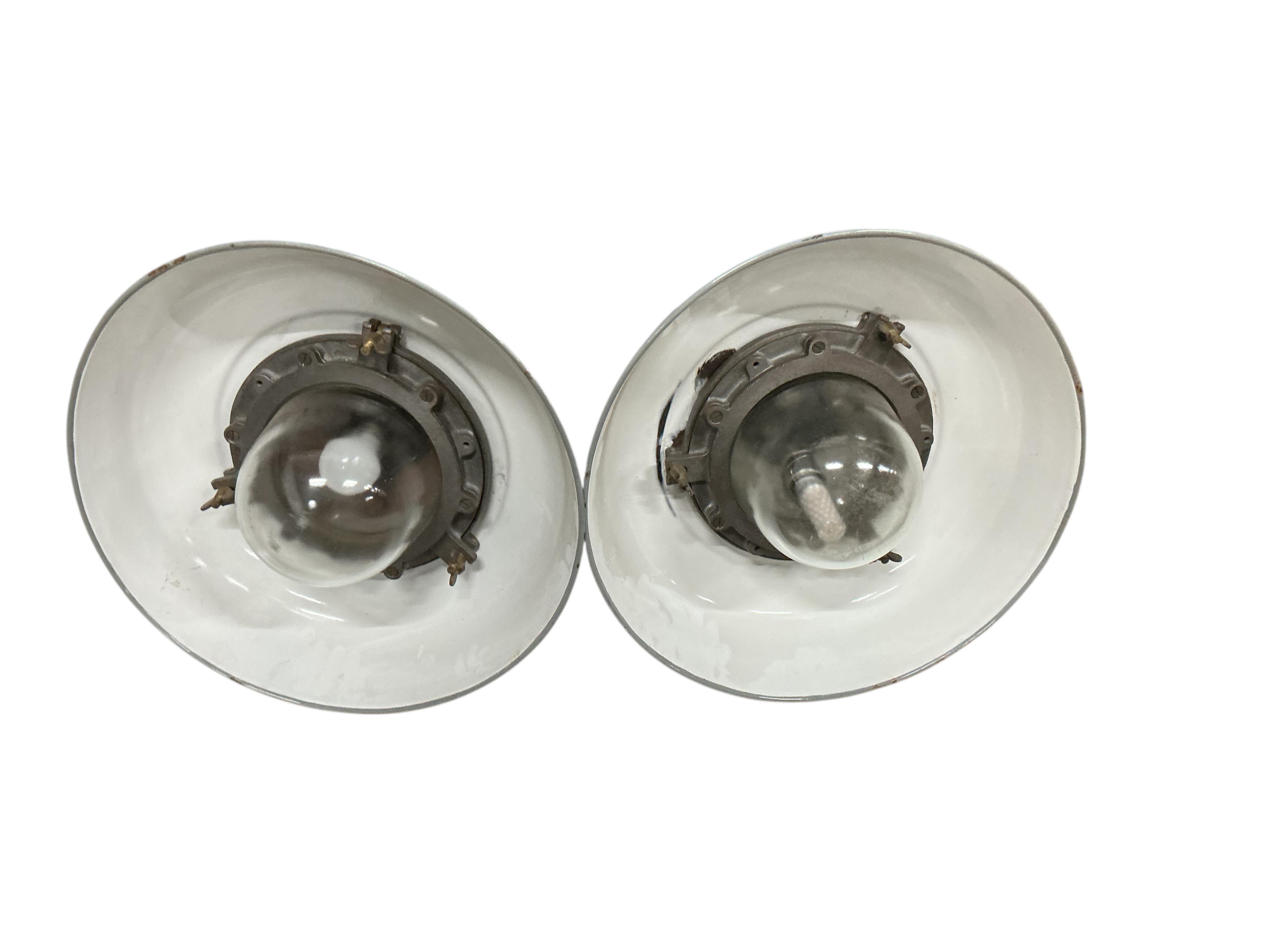 A pair of GEC grey enamel pendant ceiling lights, diameter 45cm, height 46cm